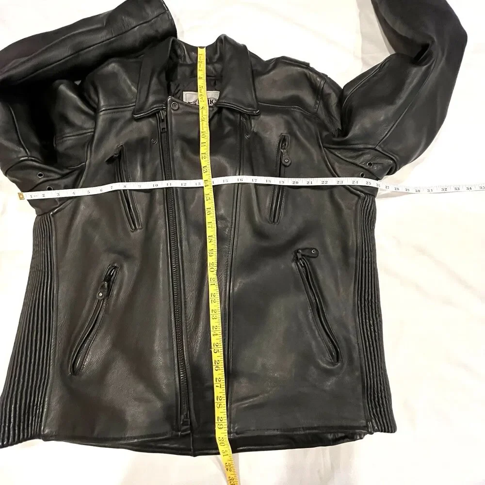 UNIK Premium Mens Heavy Black Leather Motorcycle Jacket Size 48‎ Cross Zip Liner